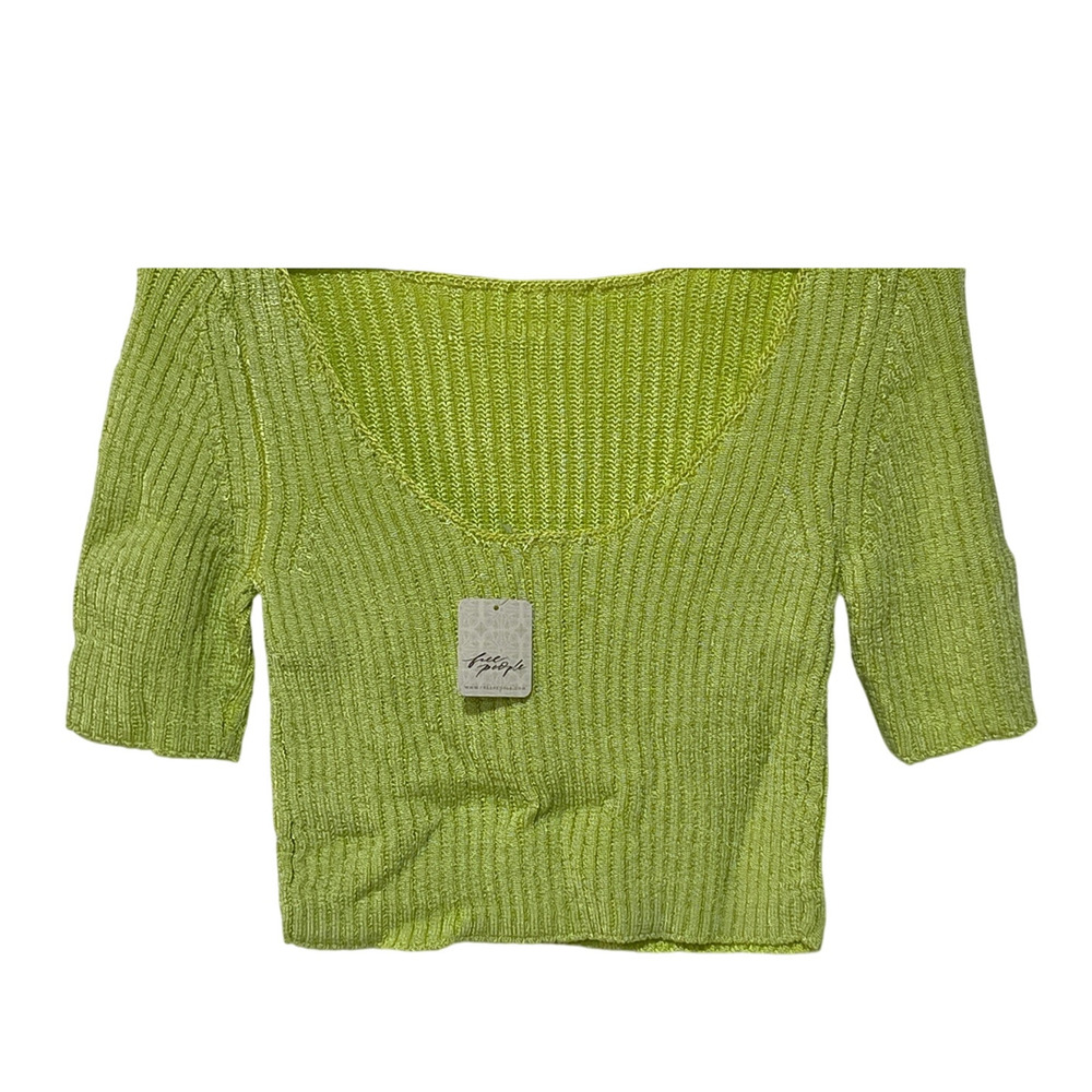 FREE PEOPLE TOP WOMENS LARGE SAN LUCAS STRETCH KNIT CROP PULLOVER SWEATER GREEN - Picture 10 of 13
